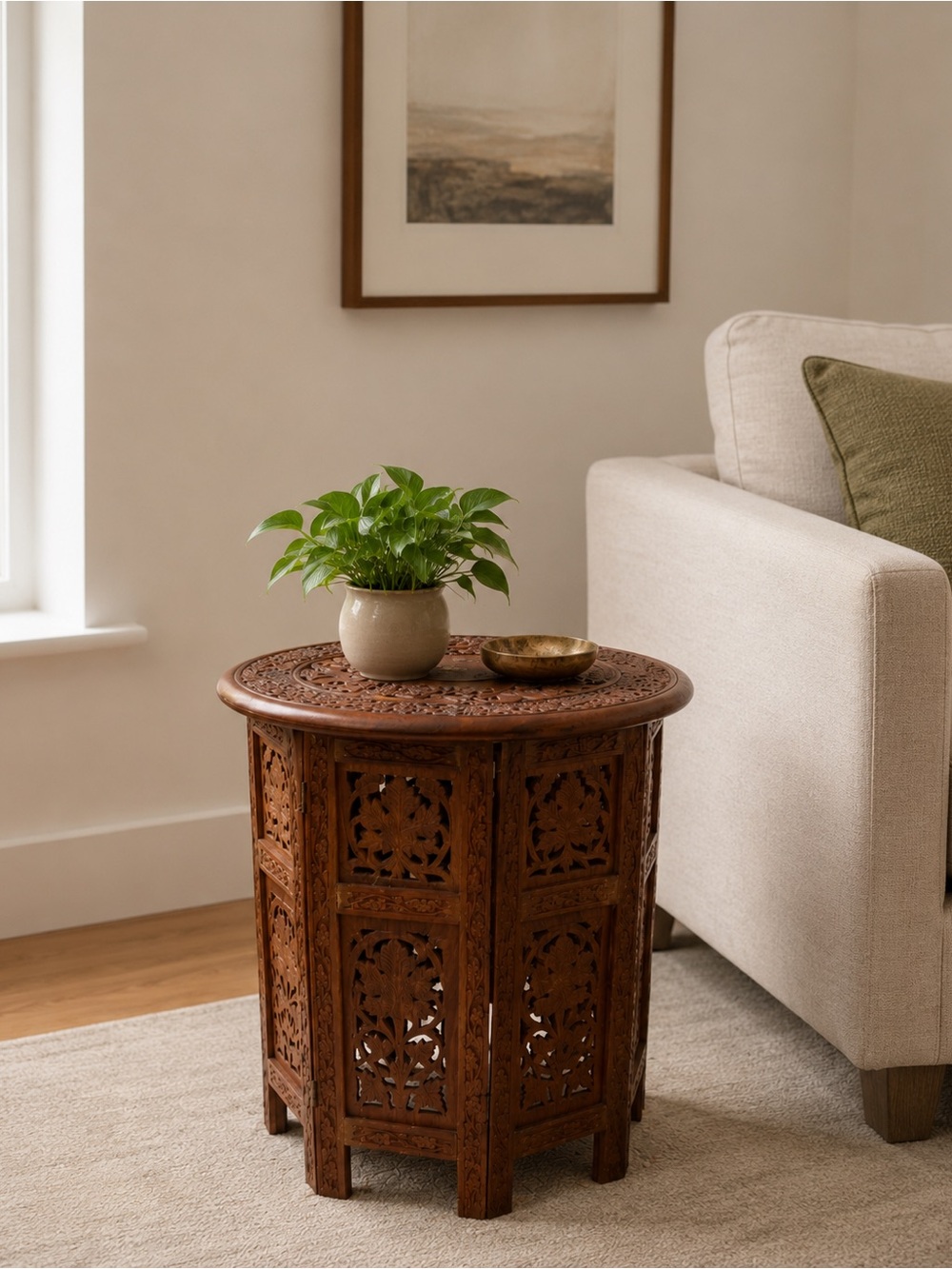 Octagon Wood Side Table w/ Brass Inlaid Accents-Condition Issues-SeeDescription